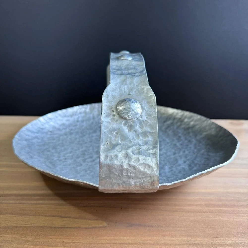 Brutalist Industrial vintage hammered ALUMINUM tray with riveted handle LIGHT